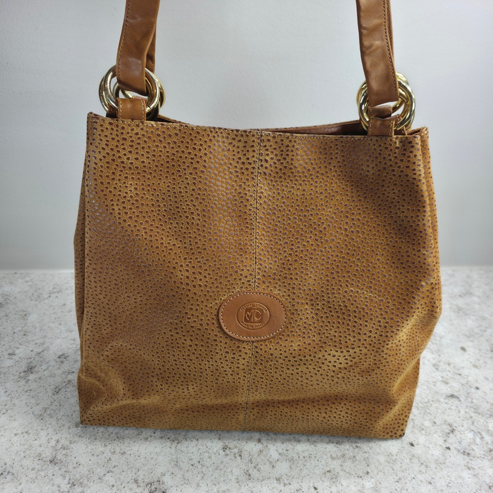 Moda Canta Turkey Genuine Leather Tan Spotted Shoulder Bag Tote Gold Ring Detail